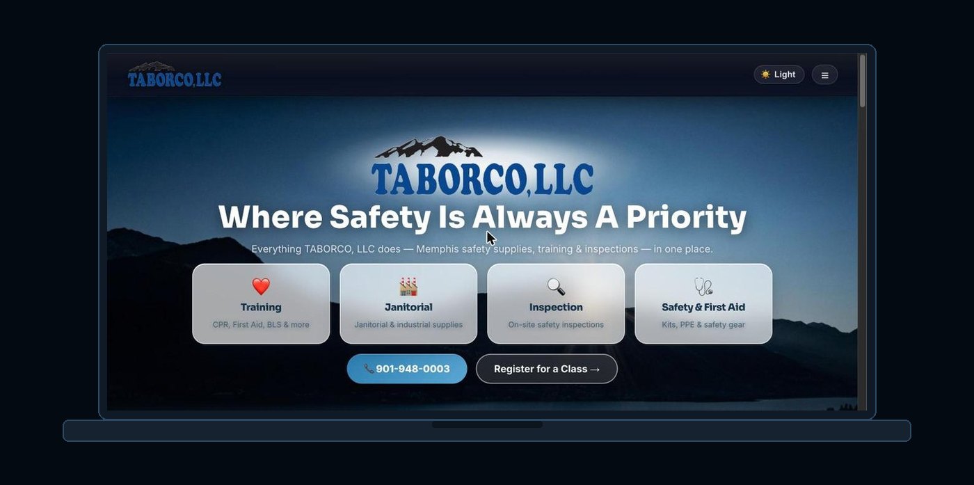 The TABORCO, LLC homepage: Where Safety Is Always A Priority, with cards for Training, Janitorial, Inspection and Safety & First Aid.